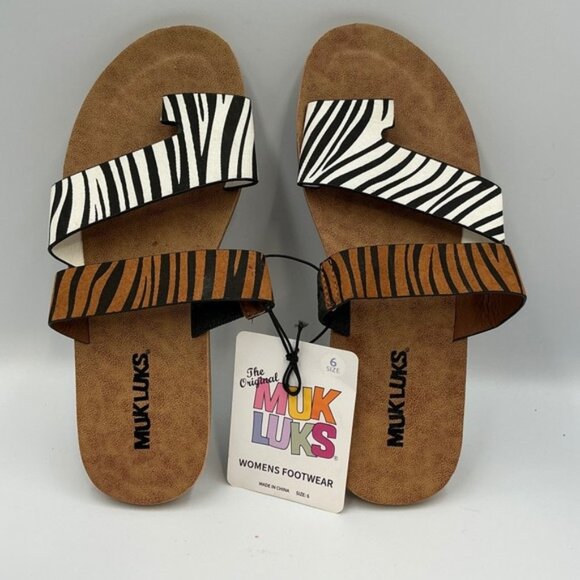 MUK LUKS Womens Sandals Size 6 Zebra Tiger Print Toe Thong Slip On - Picture 1 of 10
